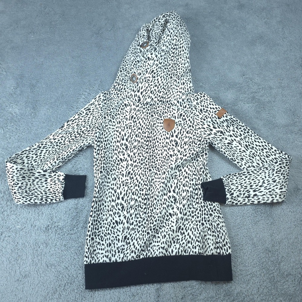 Wanakome Hoodie Womens XS White Leopard Print Cowl Neck Pullover Logo Fleece